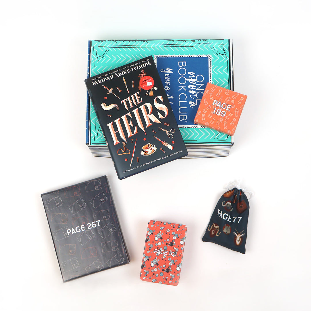 A hardcover copy of The Heirs by Faridah Àbíké-Íyímídé lays on a green OUABC box and is surrounded by four wrapped gifts labeled with page numbers.