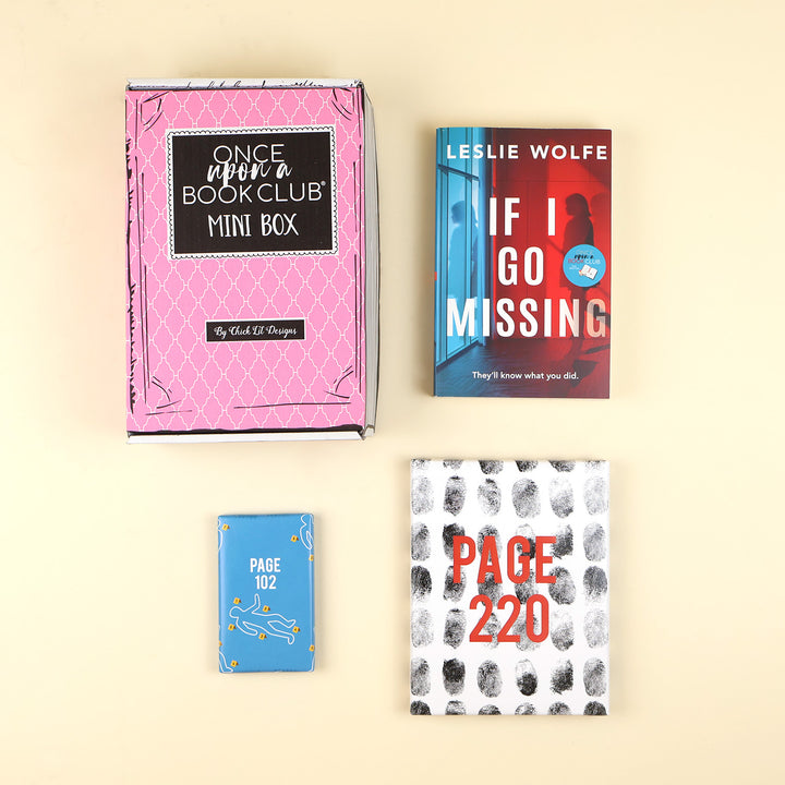 Four mini book-themed items arranged on a light beige background: a pink 'Once Upon a Book Club Mini Box' box, a Leslie Wolfe book titled 'If I Go Missing', a small blue item labeled 'Page 102', and a white item labeled 'Page 220' with black and gray fingerprint patterns.
