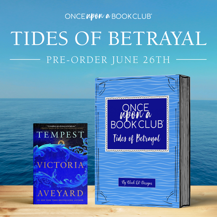 Promotional image for 'Tides of Betrayal' box featuring TEMPEST by Victoria Aveyard with a blue book and ocean background.
