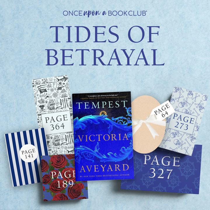 Book cover of 'Tempest' by Victoria Aveyard with wrapped gifts labeled with page numbers on a light blue background