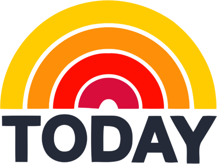 Featured on: The Today Show NBC (logo is yellow, orange, red semi-circles over the word TODAY in bold black letters).