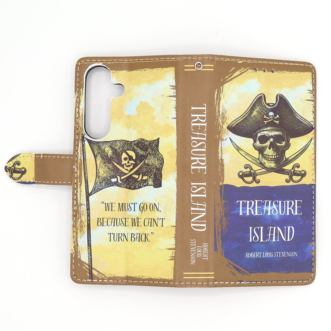 Phone case with 'Treasure Island' design featuring a pirate skull and crossed swords on a white background.