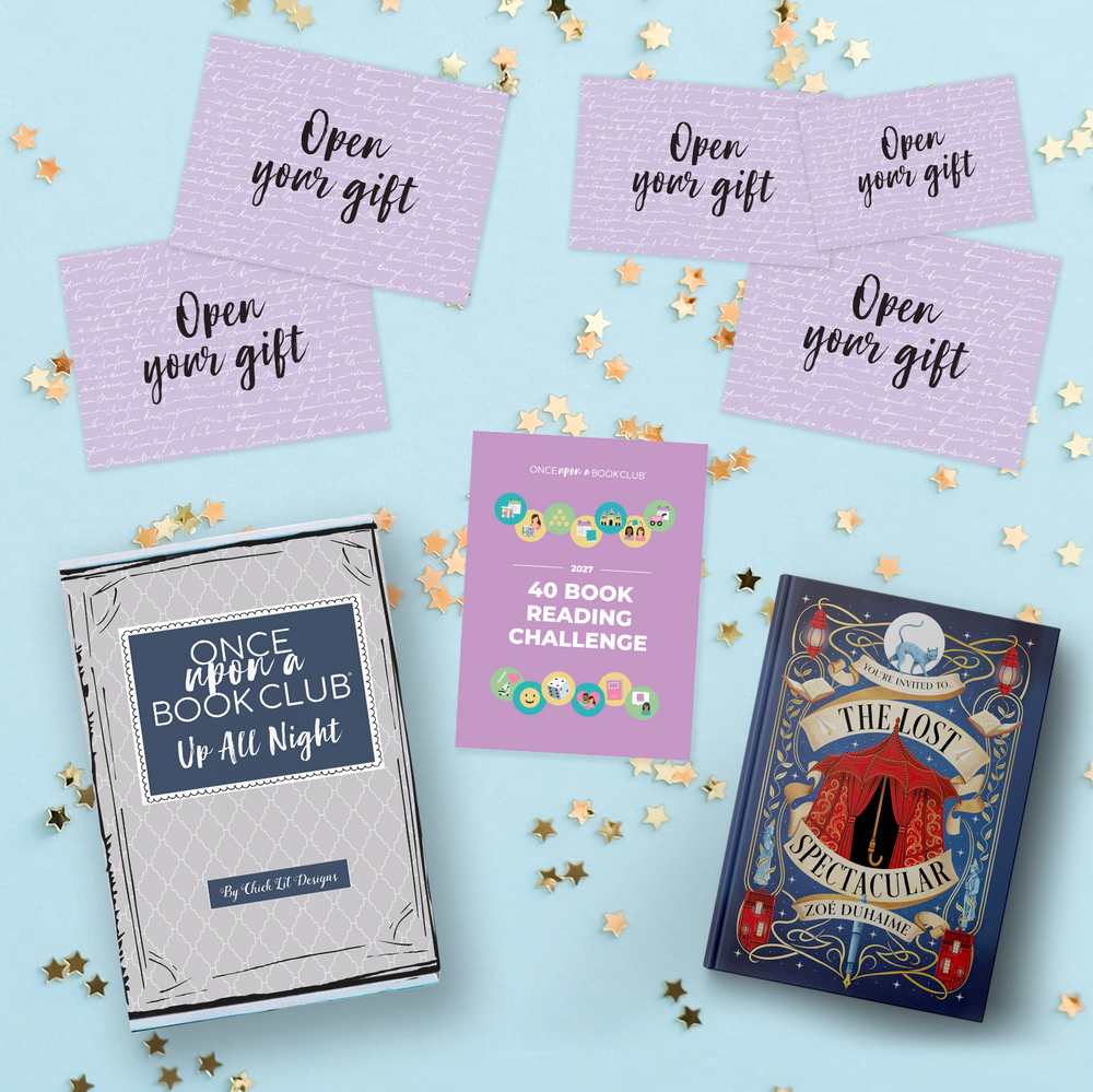 A flat-lay of book-themed reading challenge items on a light blue background with gold star confetti. The set includes five purple 'Open your gift' envelopes, a purple '40 Book Reading Challenge' booklet, a gray and navy 'Once Upon a Book Club Up All Night' box, and a deluxe hardcover edition of 'The Lost Spectacular' by Zoé Duhaime.