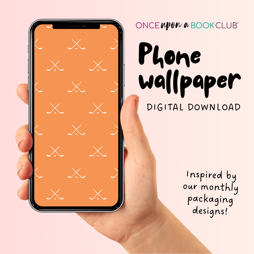 Hand holding a phone with an orange wallpaper featuring a white hockey stick patterns, against a pink background with text about a book club's digital download.