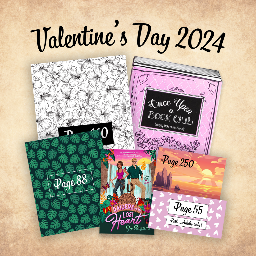 Valentine's Day 2024 Box — a black box with green palm fronds, a white box with black flower pattern, a pink box, a rectangular box with a sunset over the ocean, and a rectangular light pink box with hearts on it, and a paperback copy of Raiders of the Lost Heart. The boxes all have page numbers.