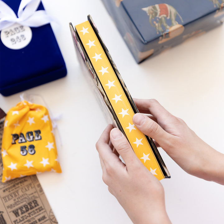 Sprayed yellow page edges with white stars. 'Water for Elephants' by Sara Ouen held by a hand on a light background