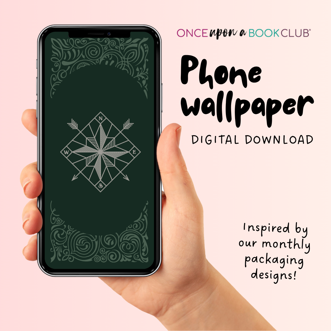 Hand holding a phone with a green decorative wallpaper featuring a compass, promoting a digital download from Once Upon a Book Club.