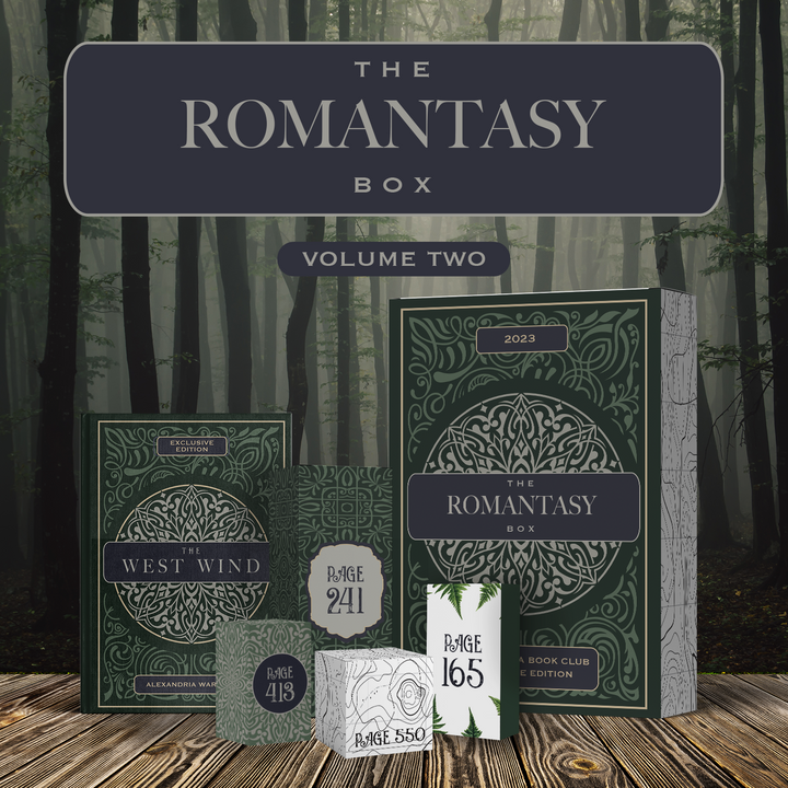 A green box labeled The Romantasy Box is next to a hardcover special edition of The West Wind. In front are four boxed gifts.