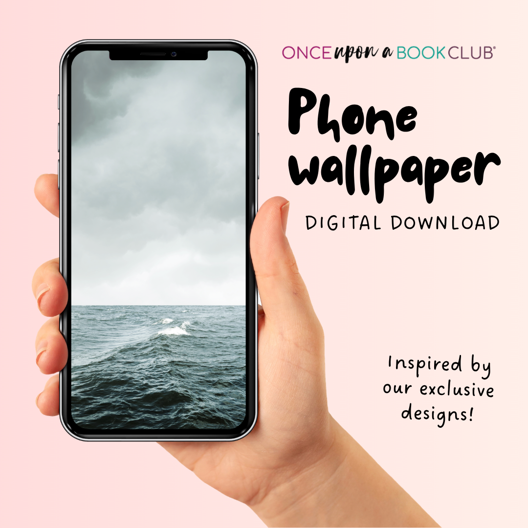Hand holding a phone displaying an ocean wallpaper with 'Once Upon a Book Club' branding.