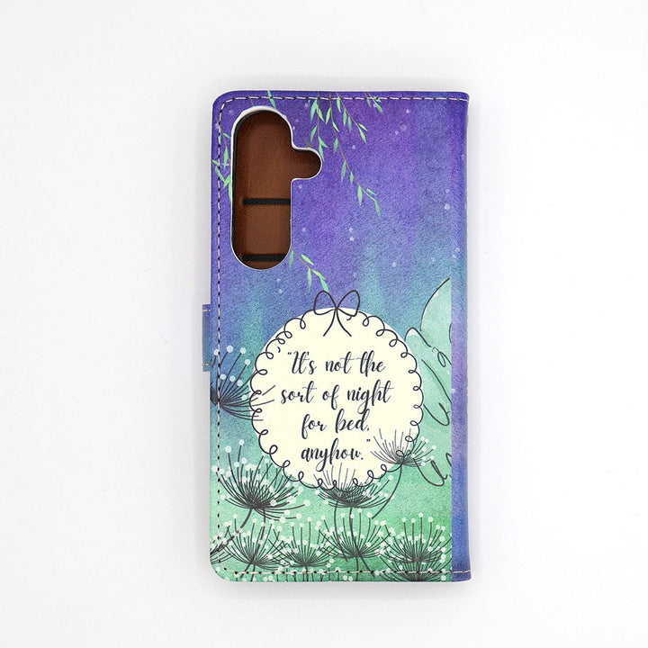 Phone case with floral design and text on a white background