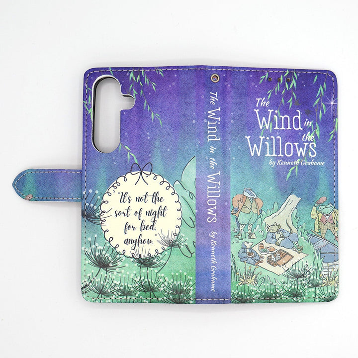 Phone case with 'The Wind in the Willows' book design on a white background
