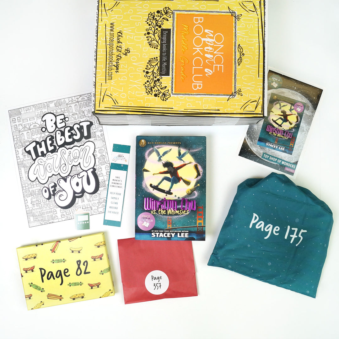 A yellow Once Upon a Book Club box is at the top of the image. In front of the box are a coloring page, book-shaped sticker, bookmark, yellow box, hardcover edition of Winston Chu vs the Whimsies, red envelope, teal drawstring bag, and book flyer. The boxes and bags all have page numbers.