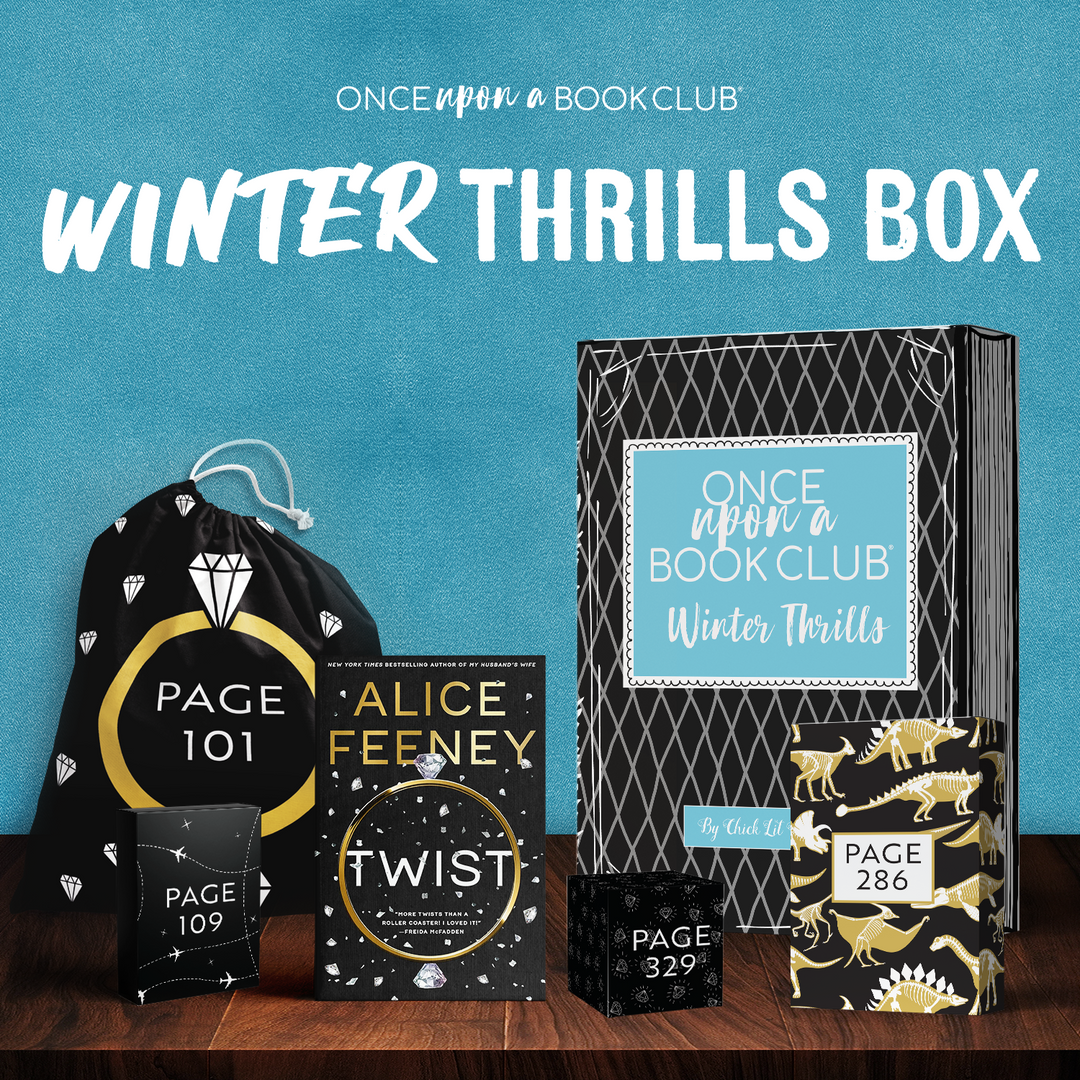 The Winter Thrills box for 2027 featuring a hardcover copy of Twist by Alice Feeney plus four gifts wrapped with page numbers to be opened as you read!