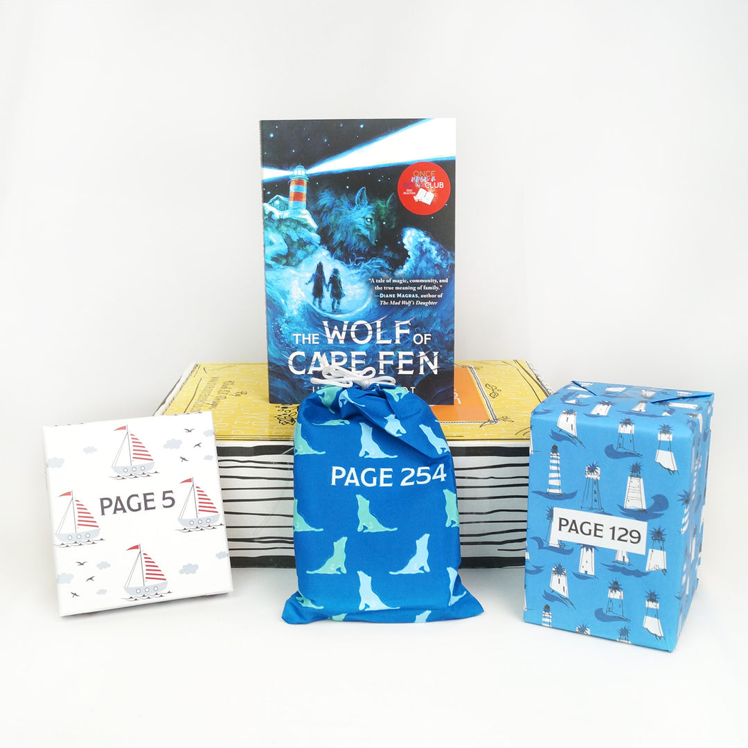 A paperback edition of The Wolf of Cape Fen stands on a yellow box. In front are a white square box, blue drawstring bag, and blue box. The boxes and bags all have page numbers.