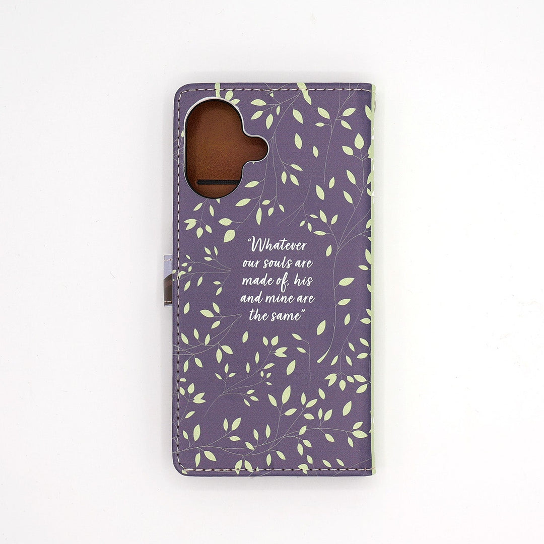 Purple phone case with floral pattern and text that reads "Whatever our souls are made of, his and mine are the same" on a white background