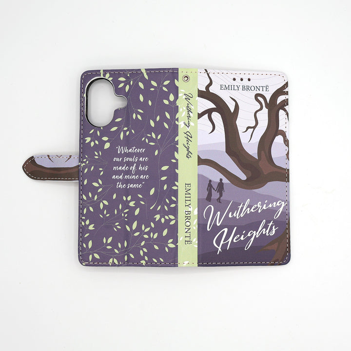 Phone case with 'Wuthering Heights' design and Emily Bronte quote on a white background