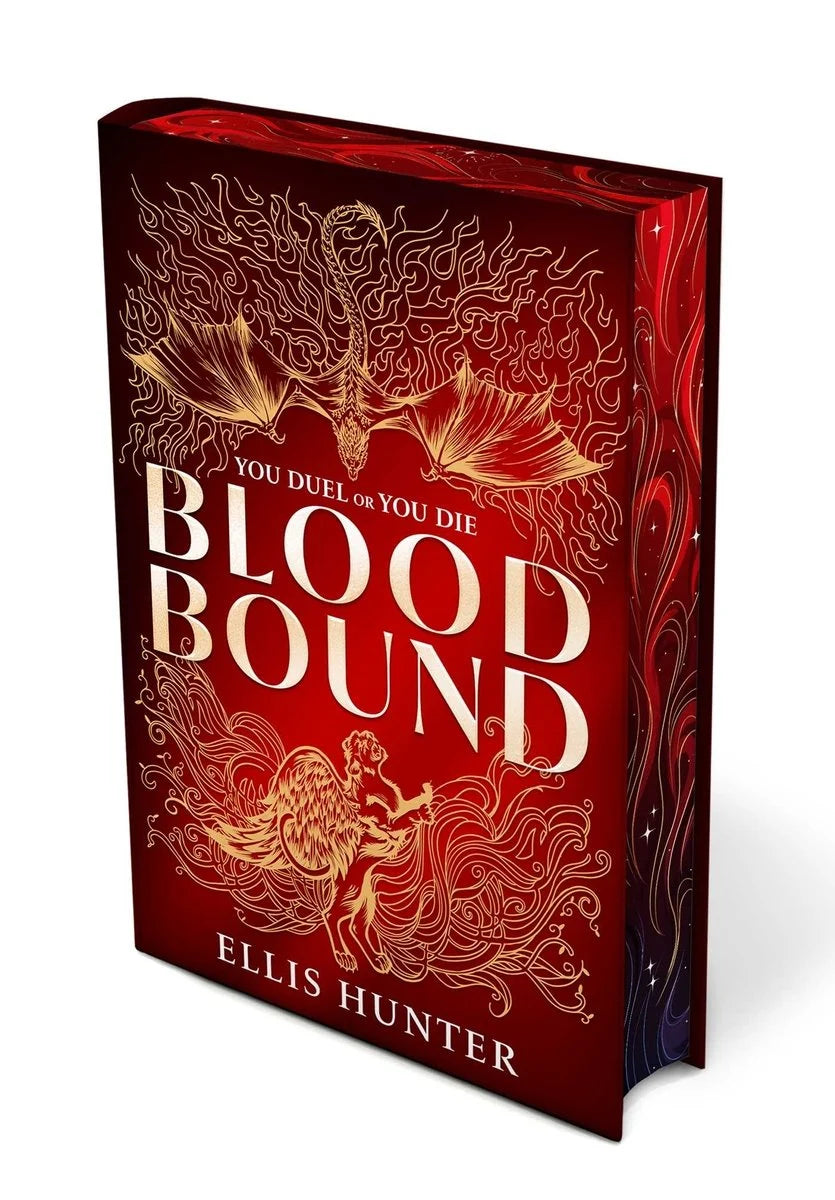 A book titled 'Blood Bound' by Ellis Hunter, featuring a dark red and gold cover showcasing beautiful sprayed edge details.