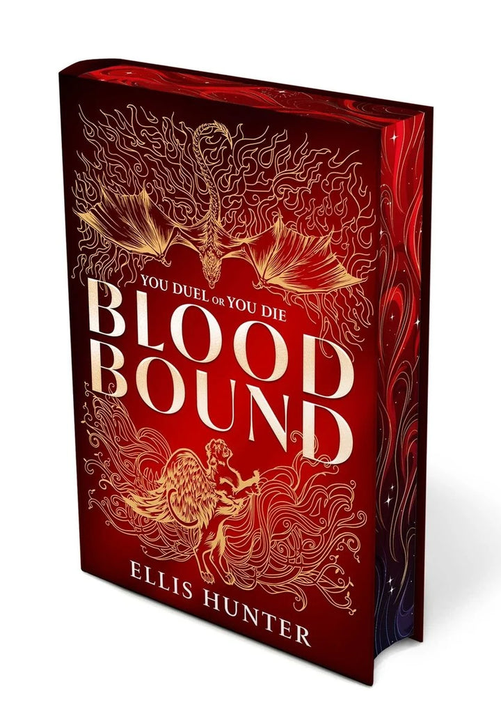 A book titled 'Blood Bound' by Ellis Hunter, featuring a dark red and gold cover showcasing beautiful sprayed edge details.