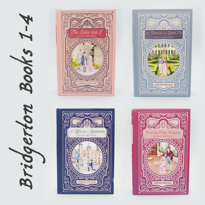 The front covers of hardcover special editions of Bridgerton Books 1-4 (The Duke and I, The Viscount Who Loved Me, An Offer from a Gentleman, and Romancing Mister Bridgerton)