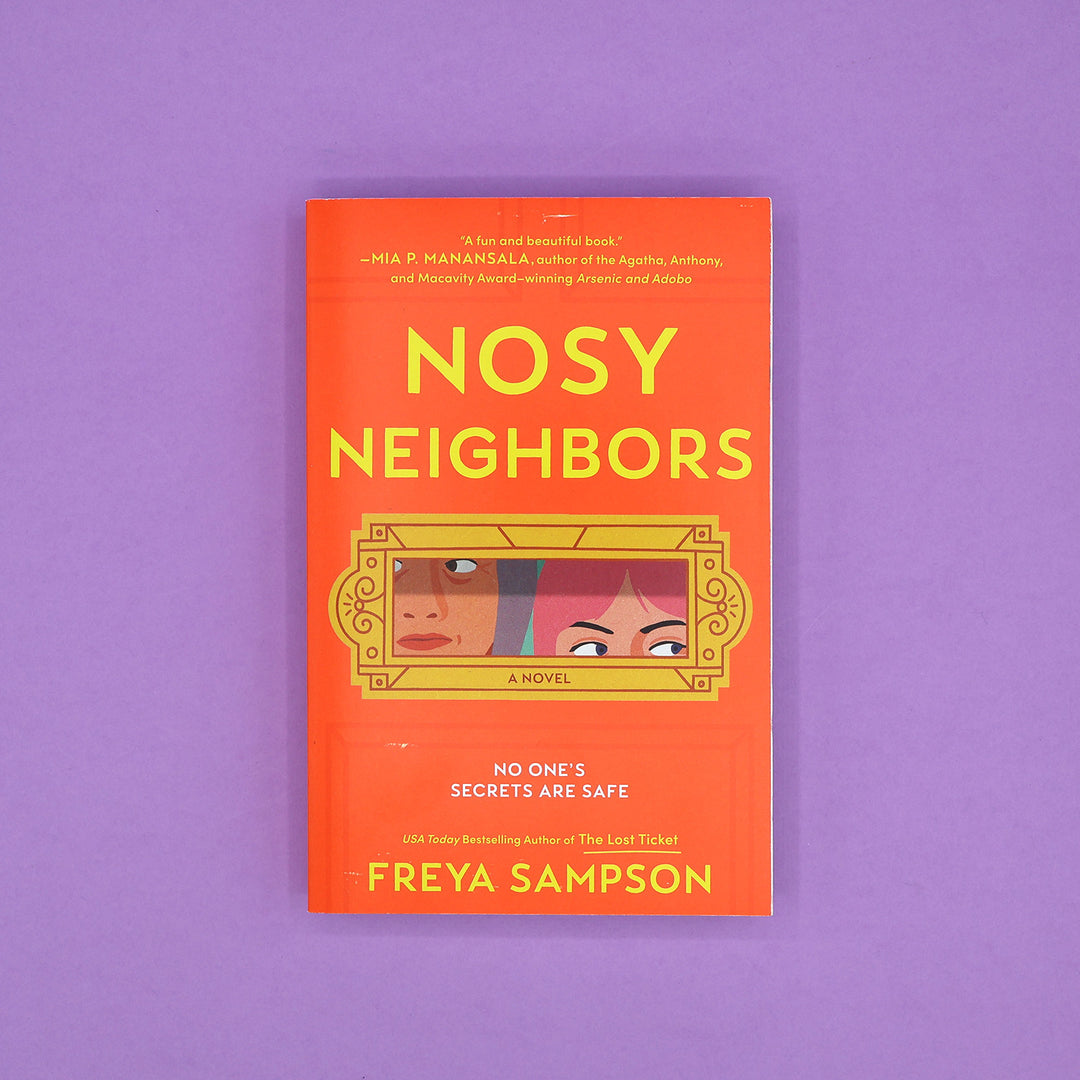 Book cover of 'Nosy Neighbors' by Freya Sampson on a purple background