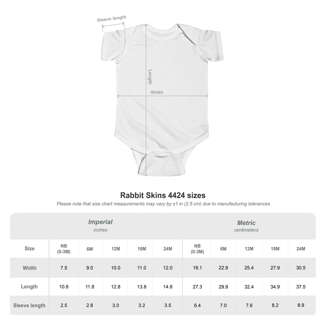 White baby onesie with measurement chart on a white background