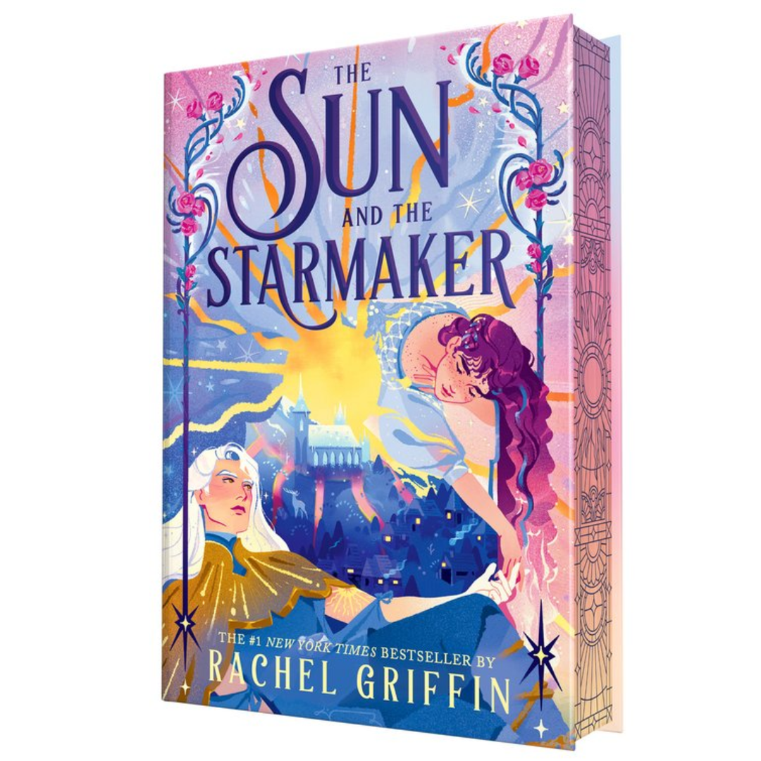 The book cover of 'The Sun and the Starmaker' by Rachel Griffin, featuring a vibrant, stylized illustration of two people under a glowing sun with a castle in the background, set against a clean white backdrop.