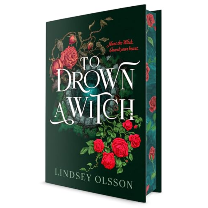 A deluxe hardcover copy of To Drown a Witch by Lindsey Olsson featuring a rose print stenciled page edge design.