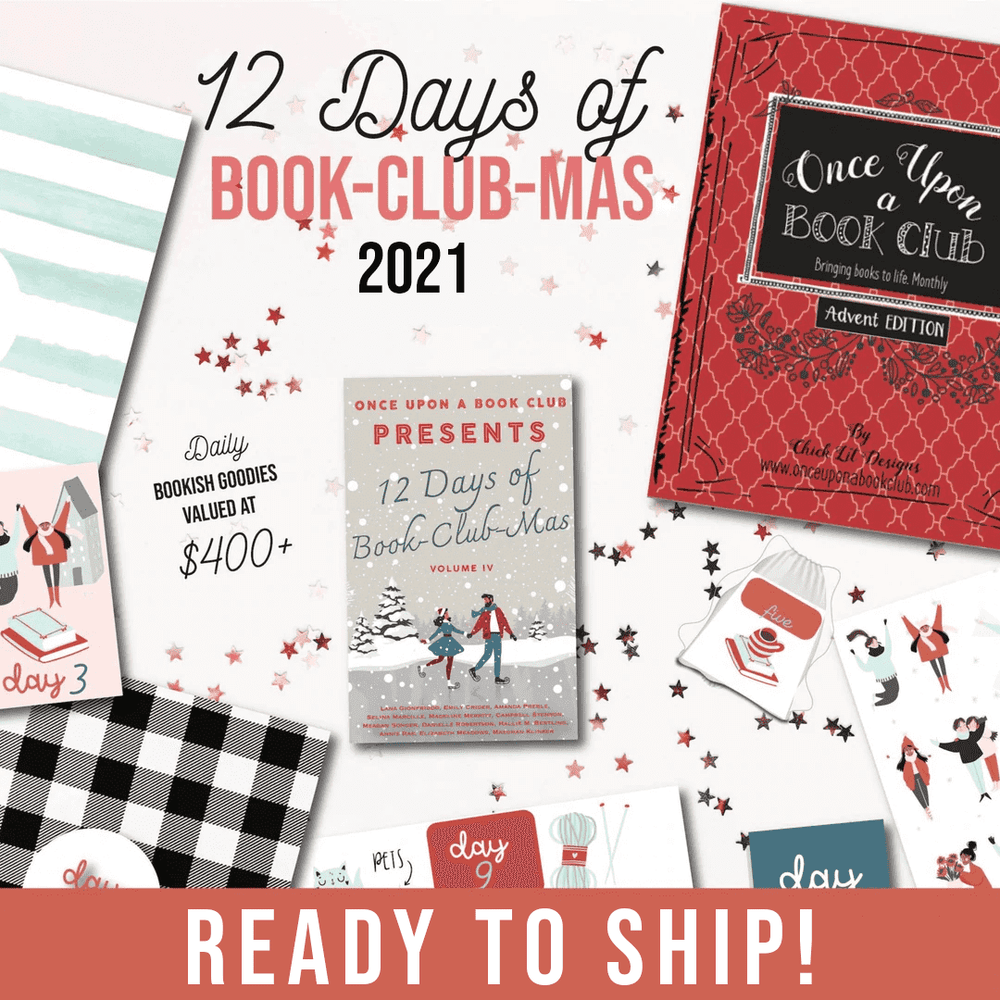 12 Days of Book-Club-Mas 2021. A paperback edition of 12 Days of Book-Club-Mas Volume IV is centered. Around the book are an assortment of gifts labeled with page numbers and a red Once Upon a Book Club advent box
