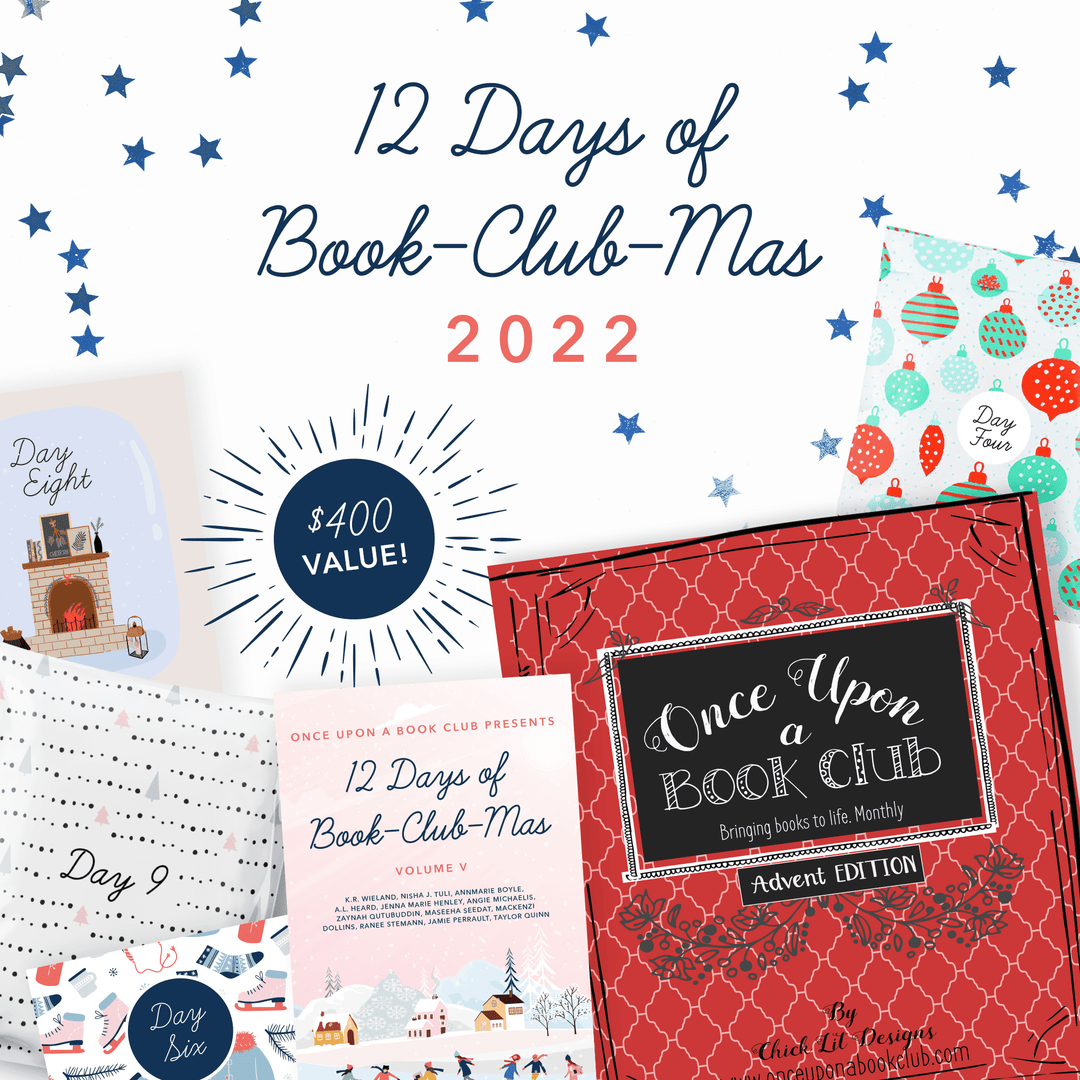 12 Days of Book-Club-Mas 2022 - $400 value. A red Once Upon a Book Club Advent box is next to a paperback edition of 12 Days of Book-Club-Mas Volume V and an assortment of gifts labeled with page numbers.