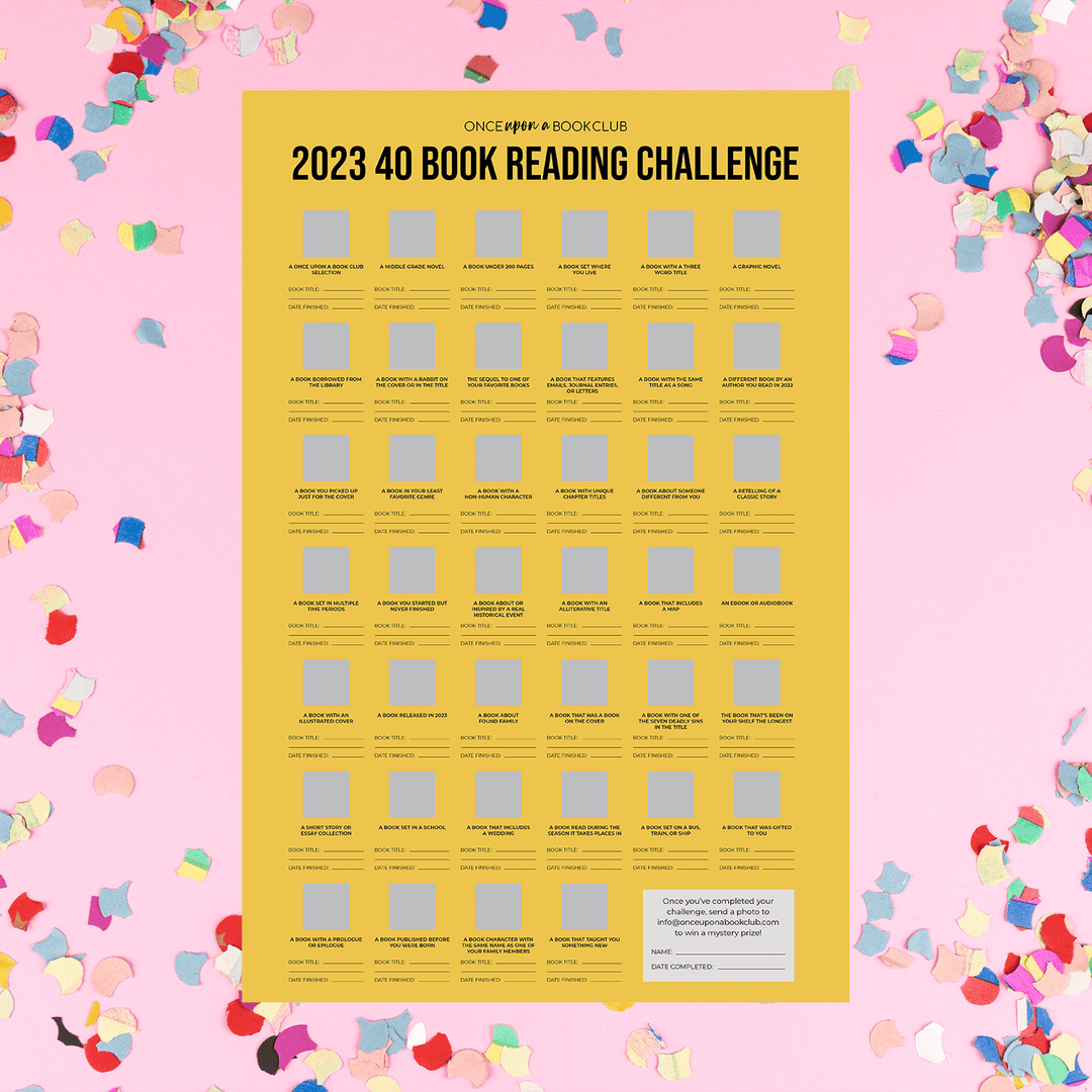 a yellow poster labeled 2023. 40 Book Reading Challenge with 40 gray squares to scratch off and lines underneath each square