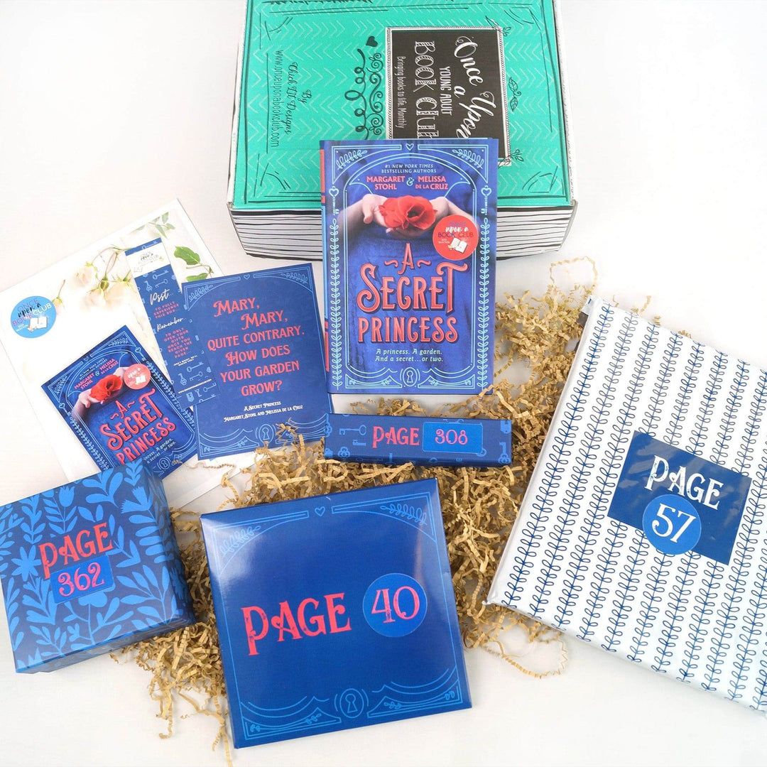 A green Once Upon a Book Club box is at the top. A hardcover edition of A Secret Princess is leaning against the box. Below it are a bookclub kit, bookmark, quote card, 2 blue boxes, a blue envelope, and a white and blue polybag. The boxes and bags are all labeled with page numbers.