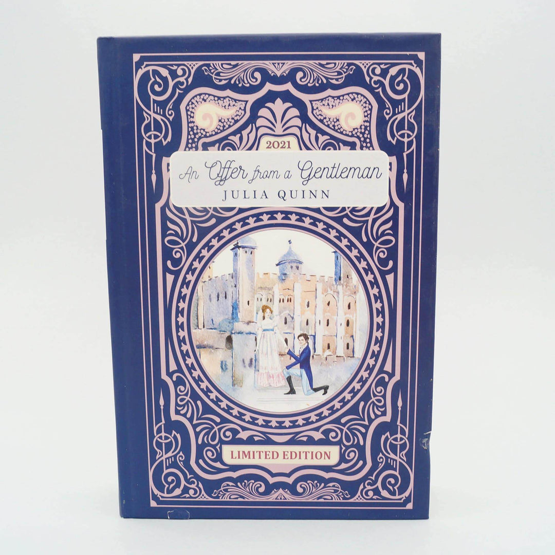 a dark blue hardcover special edition of An Offer From a Gentleman by Julia Quinn