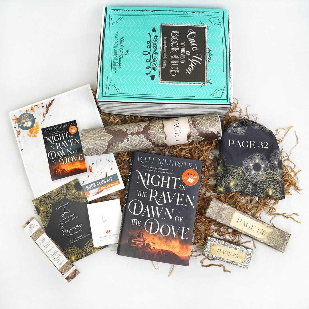 A green Once Upon a Book Club box is at the top of the image. In front of the box, from left to right, are a bookmark, quote card, bookclub kit, signature card, brown tube, hardcover edition of Night of the Raven, Dawn of the Dove, a small box, a rectangular box, and a black drawstring bag. The boxes, tube, and bags are labeled with page numbers.