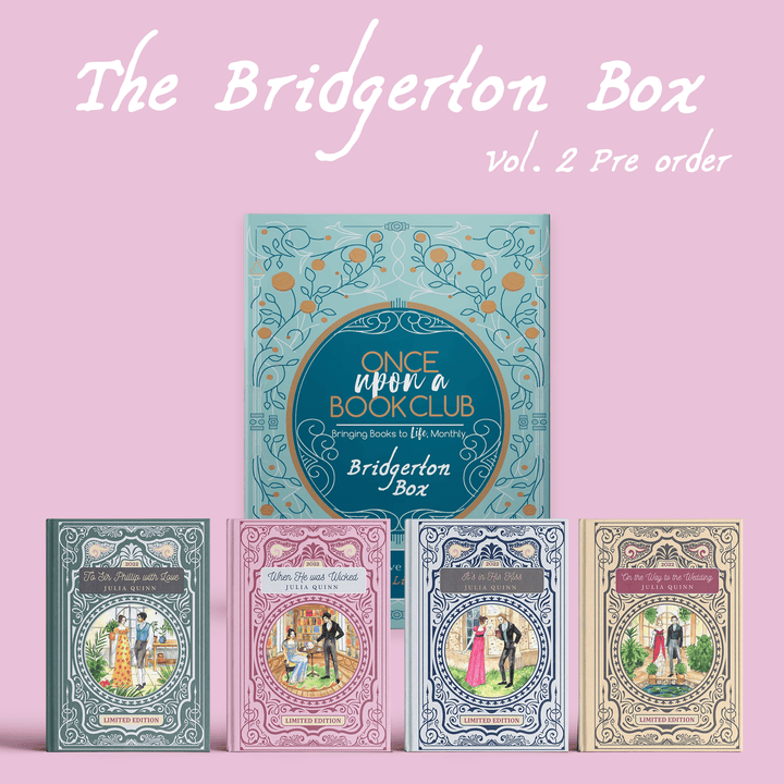 A blue Bridgerton Volume 2 box is behind four hardcover special editions - To Sir Phillip With Love, When He Was Wicked, Its In His Kiss, and On the Way to the Wedding