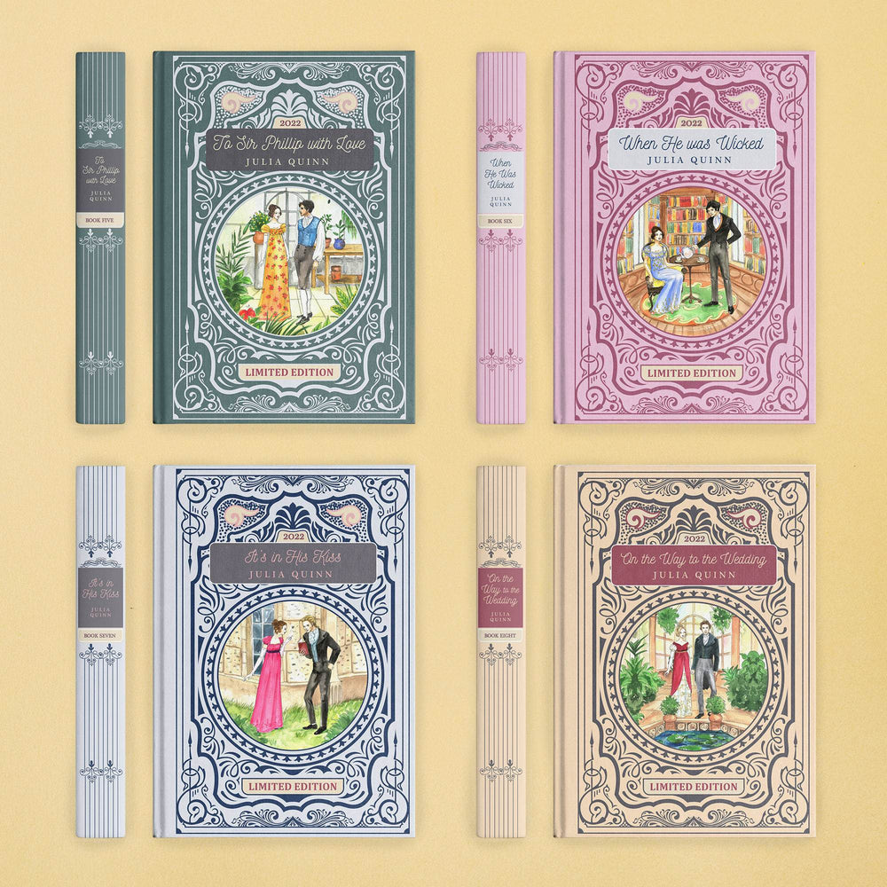 four hardcover special editions of the fronts and spines of Bridgerton Books 5-8 (To Sir Phillip With Love, When He Was Wicked, Its In His Kiss, and On the Way to the Wedding)