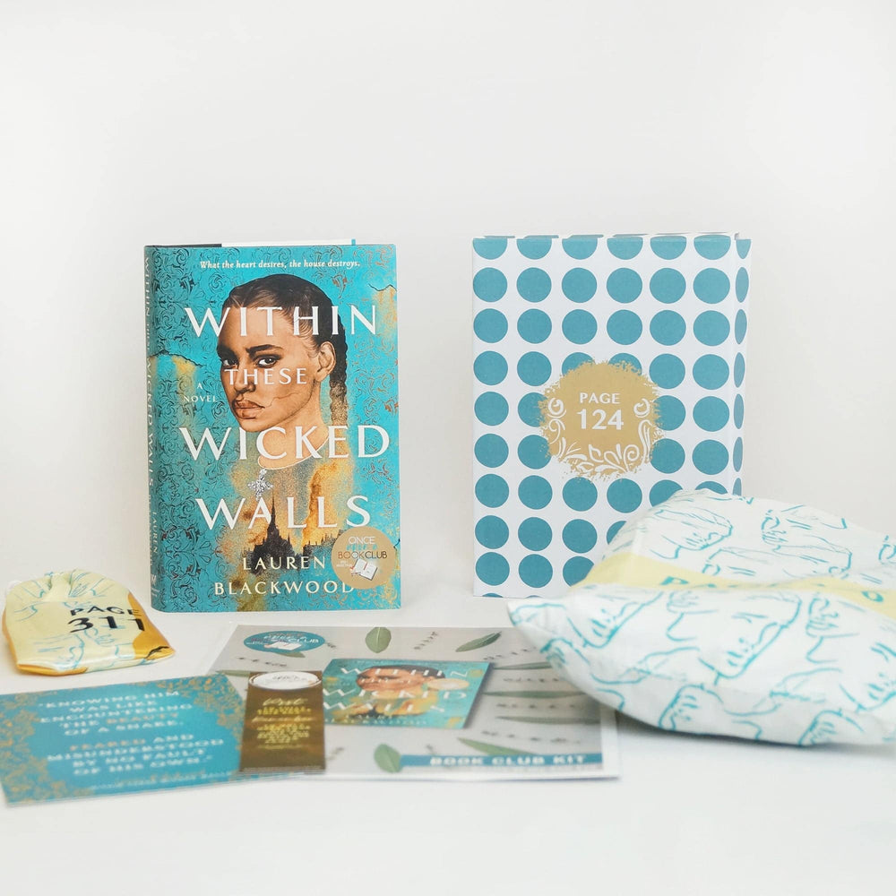 A hardcover edition of Within These Wicked Walls next to a blue and white polka dot box. In front of the book are a yellow drawstring bag, white polybag, quote card, bookmark, and bookclub kit. The boxes and bags all have page numbers.