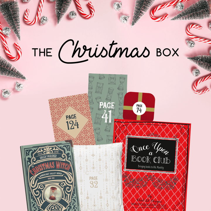 A pattern of pine trees and candy canes is along the top with the text "The Christmas Box". At the bottom is a hardcover special edition of The Christmas Witch, red and beige box, white and gold polybag, green box, red square box, and red Once Upon a Book Club box. The boxes and bags all have page numbers.