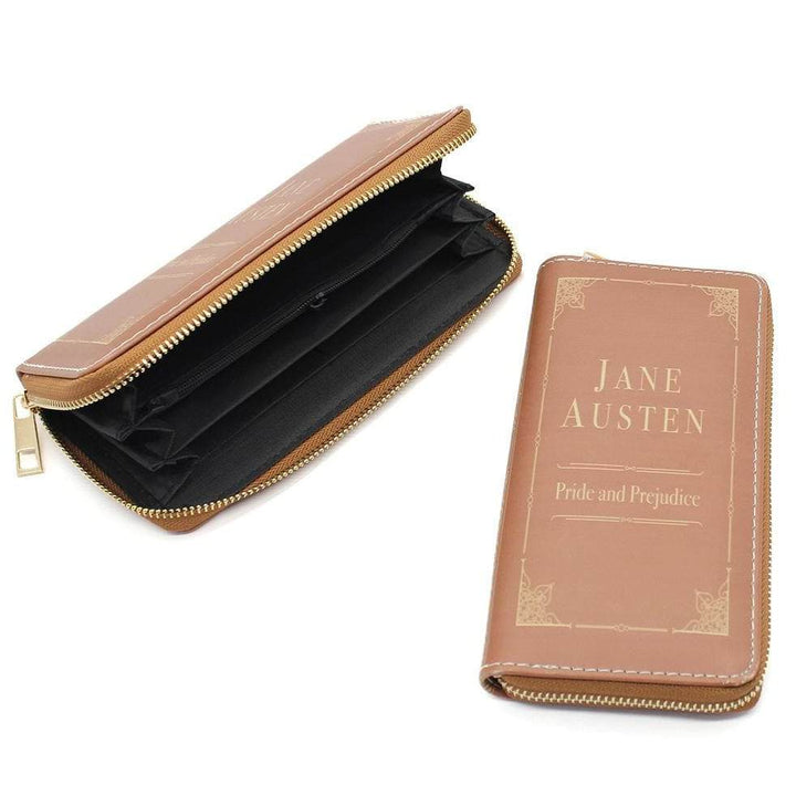 Brown zippered wallet featuring Jane Austen Pride and Prejudice book cover design with gold accents.