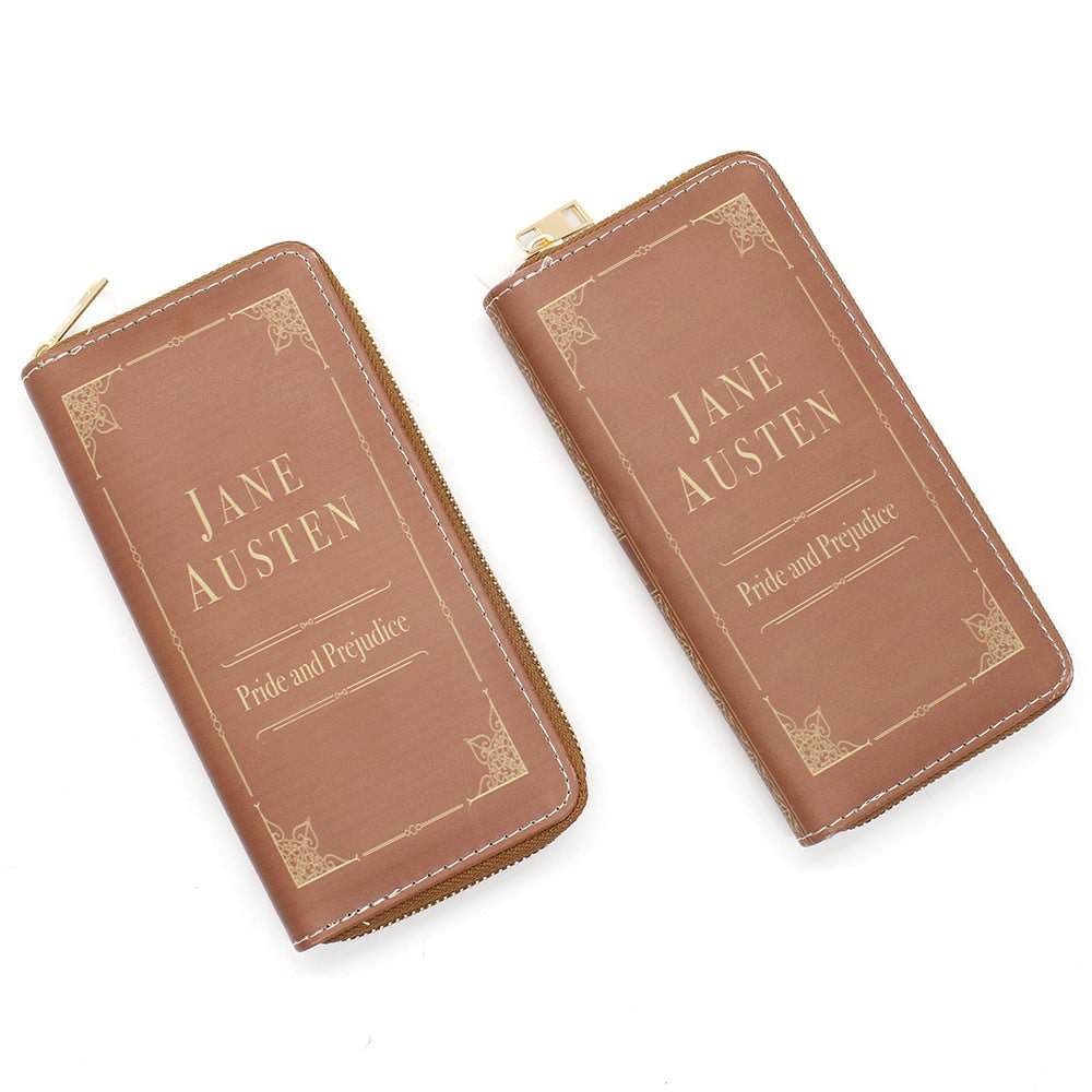 Two identical light brown wallets labeled Jane Austen Pride and Prejudice in gold writing