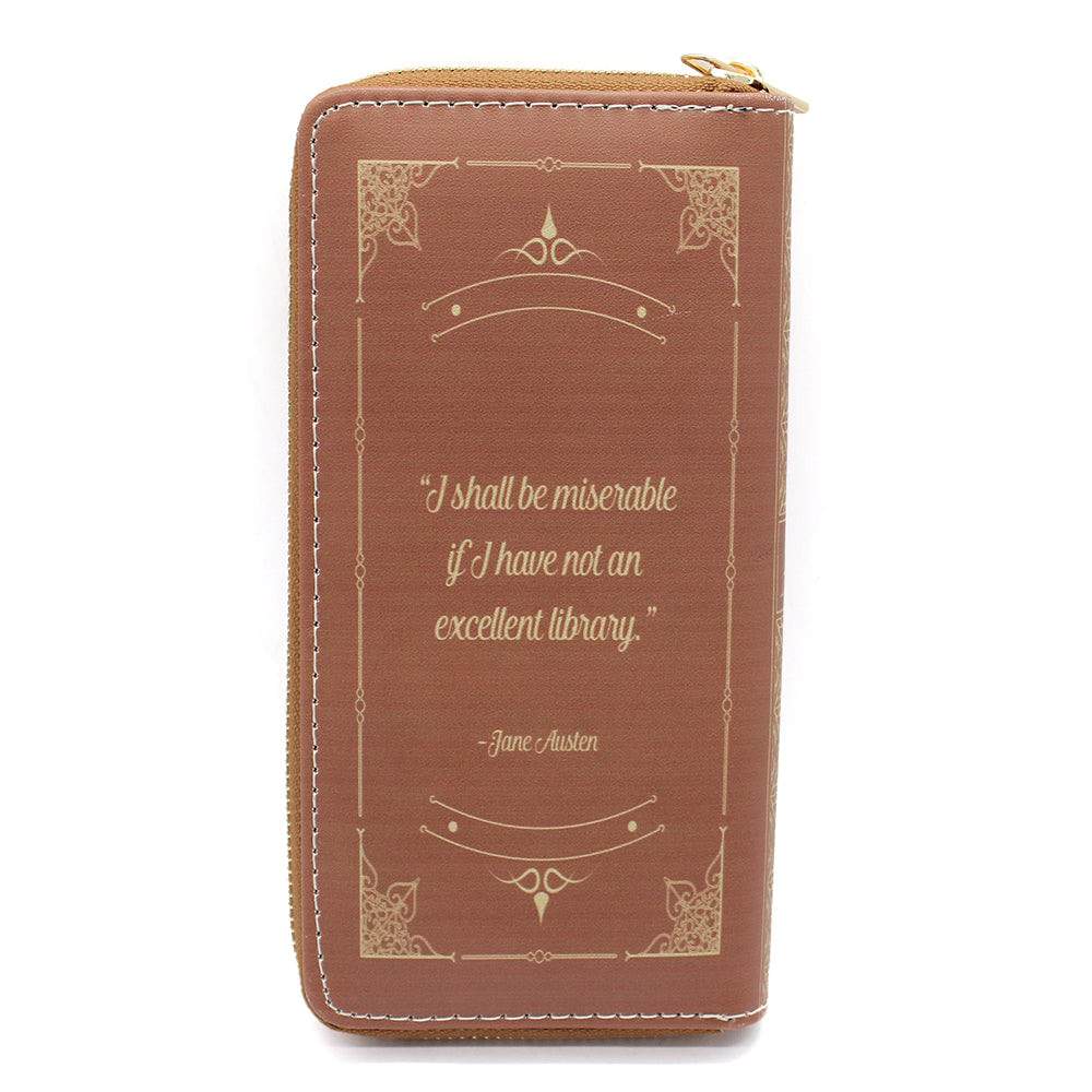 a light brown wallet with the quote "I shall be miserable if I have not an excellent library." - Jane Austen in gold writing