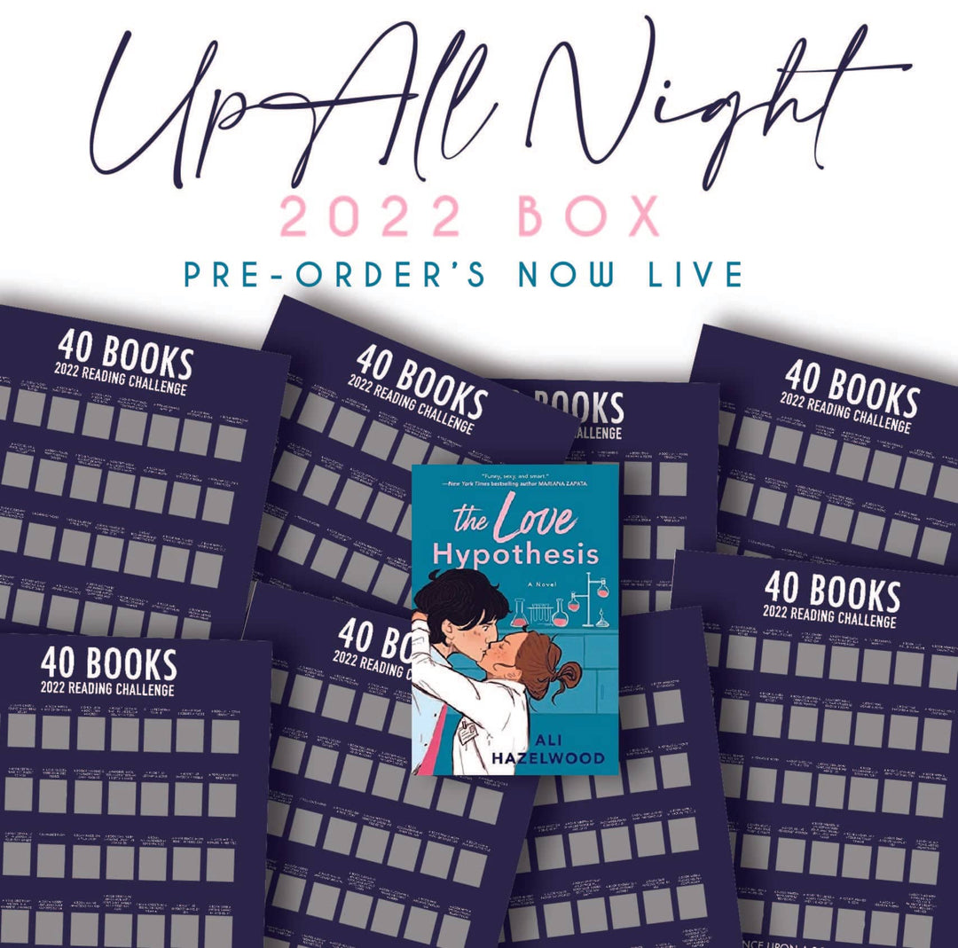 Text - Up All Night 2022 Box Pre-Orders Now Live. A paperback edition of The Love Hypothesis is in front of a pile of 40 Book 2022 Reading Challenges