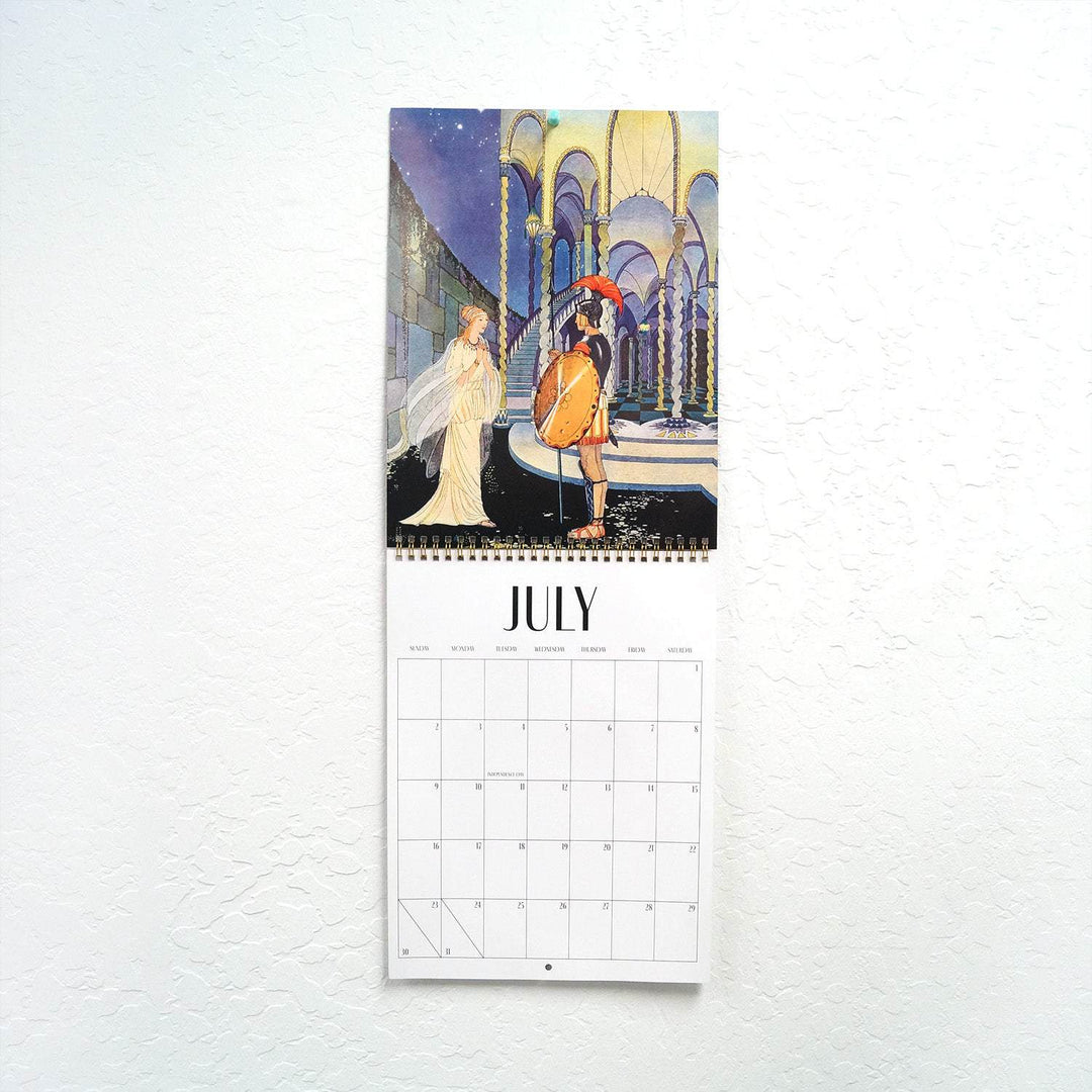an art deco wall monthly calendar open to show the month of July