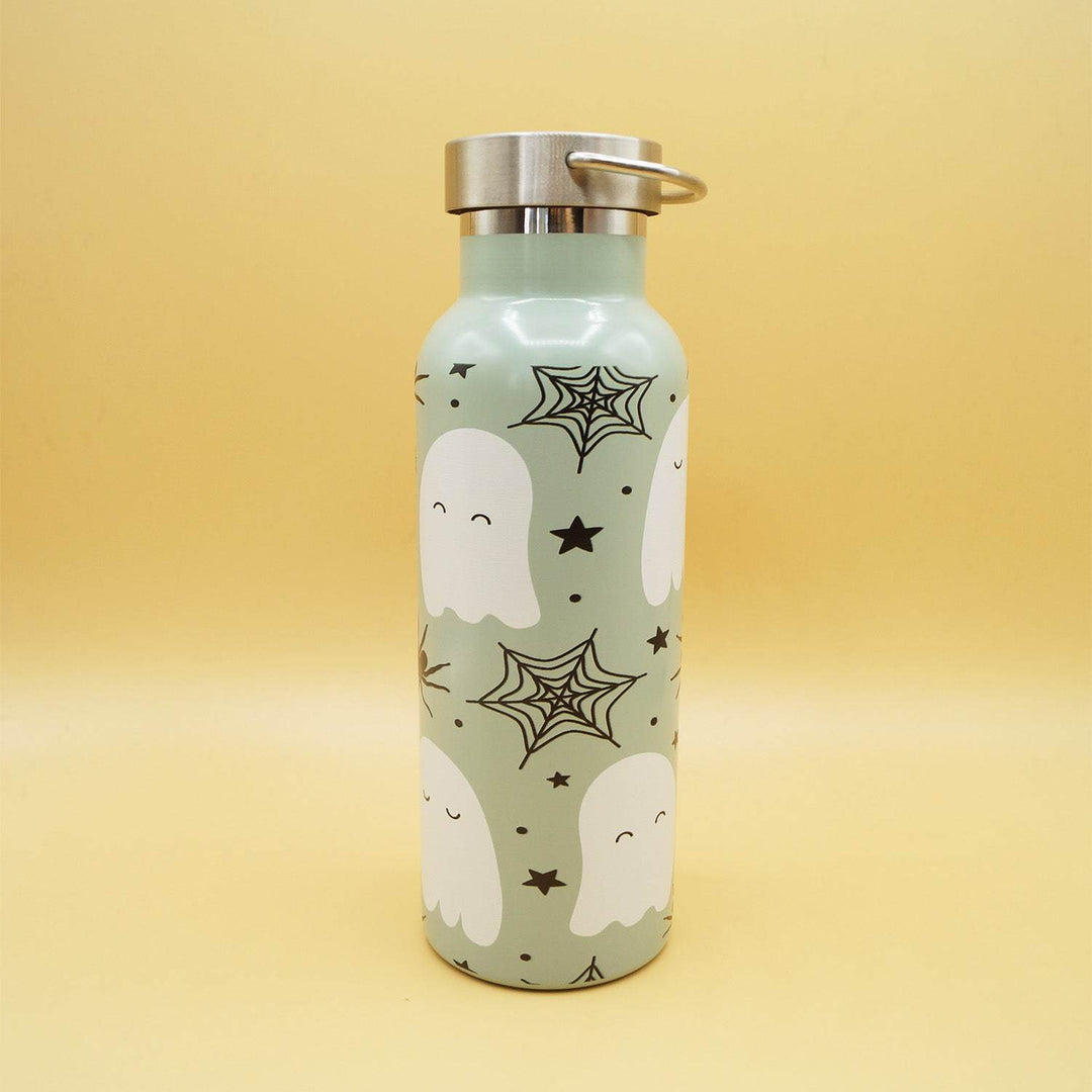 A light green water bottle that has white ghosts, black spiderwebs, and black stars on it with a silver lid