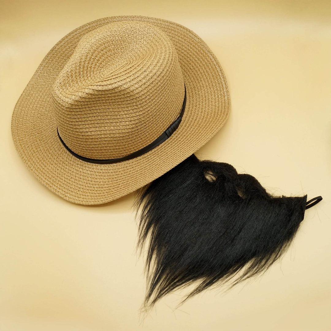 a beige panama hat with a black fake beard