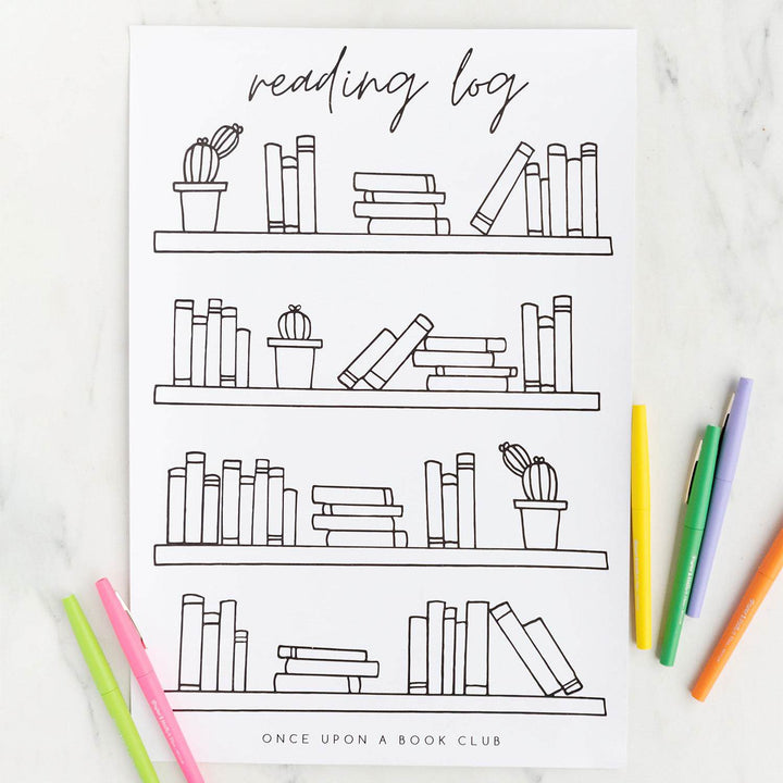 A white coloring page labeled reading log with four shelves of books. There are a variety of pens on either side of the coloring page.