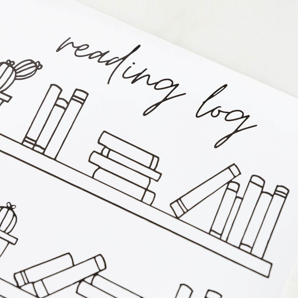 a white coloring page labeled reading log and a shelf of books