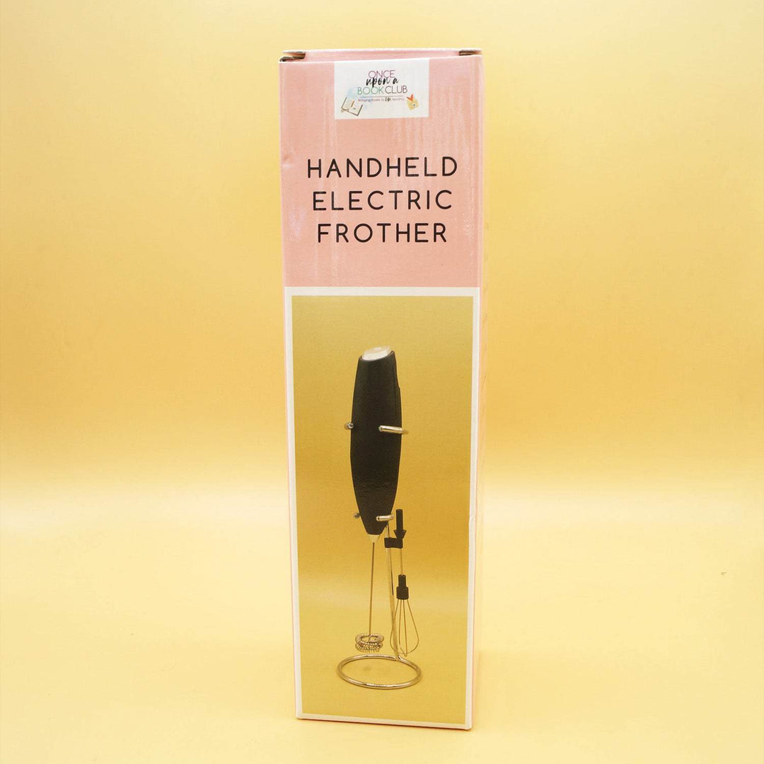 a box labeled Handheld Electric Frother with an image of a black handheld frother