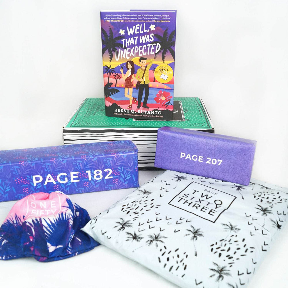 A hardcover edition of Well, That Was Unexpected stands on a green Once Upon a Book Club box. In front are two purple/blue boxes, a pink drawstring bag, and a white bag. The bags and boxes are all labeled with page numbers.