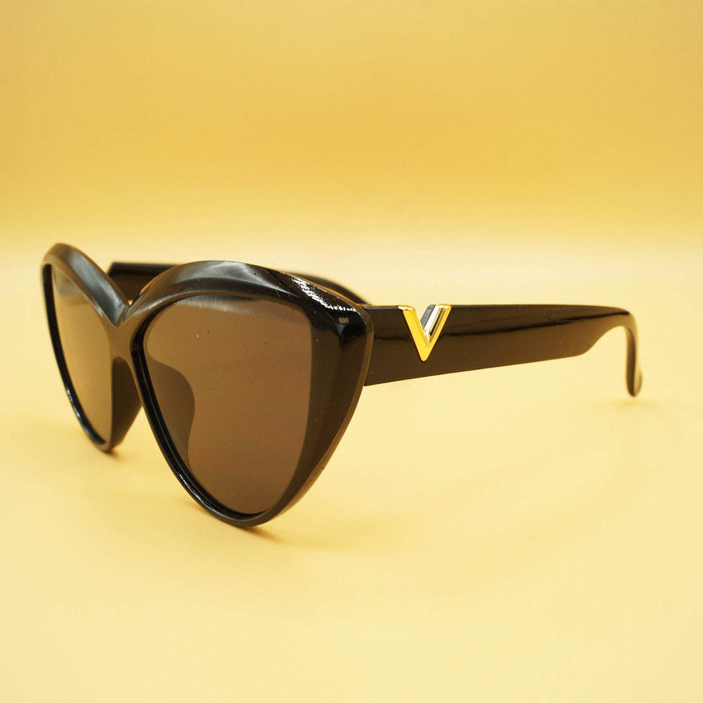 a pair of black cat-eye style sunglasses with a gold detail on the side