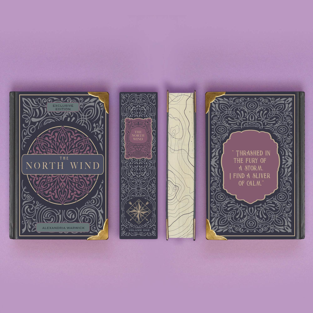 The front, spine, page edges, and back of a hardcover special edition of The North Wind by Alexandria Warwick. There are gold metal corners on the edges.